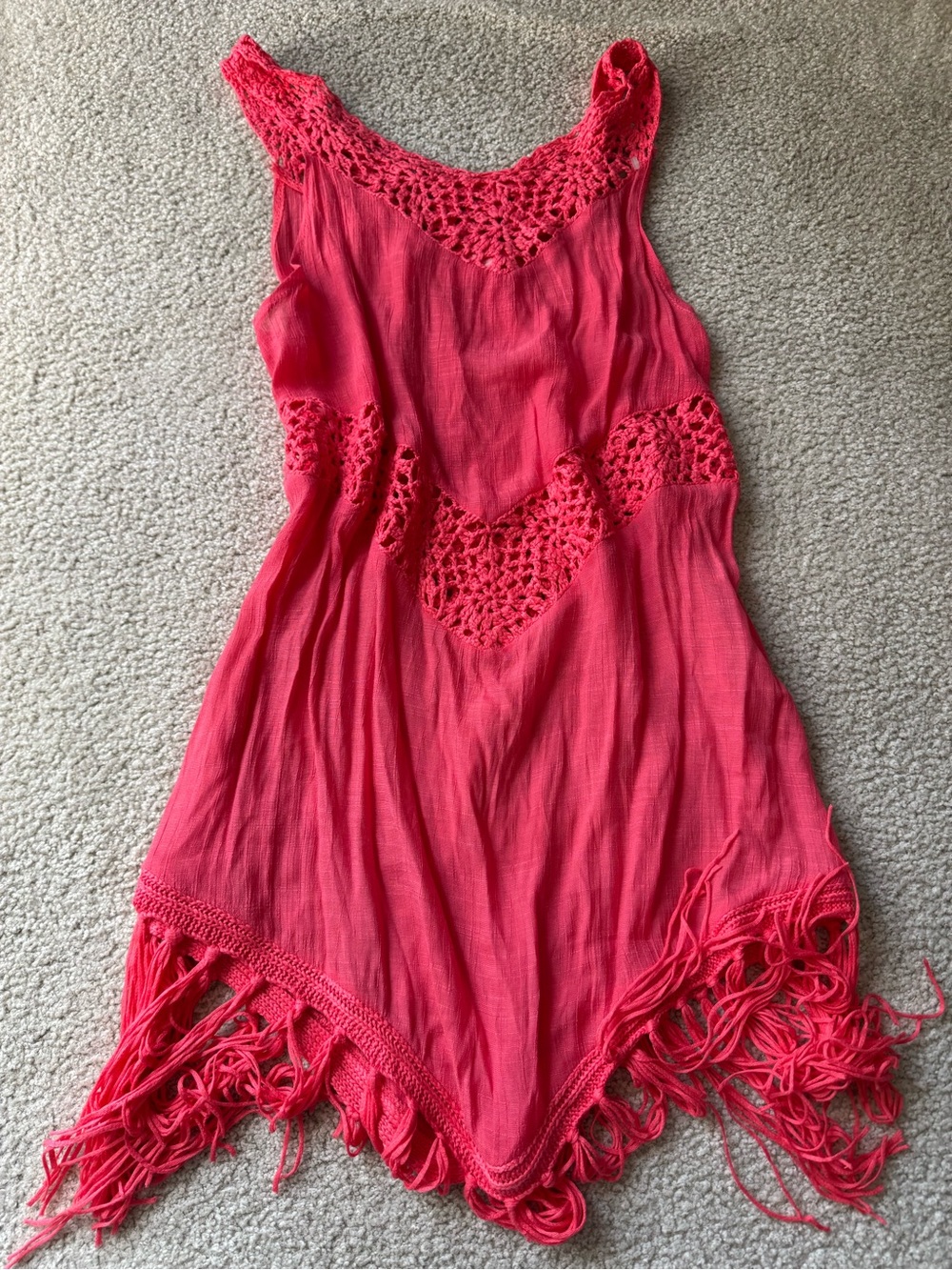 Pink beach sexy Coral Crochet-Trim Asymmetrical Fringe Dress y2k coverup
